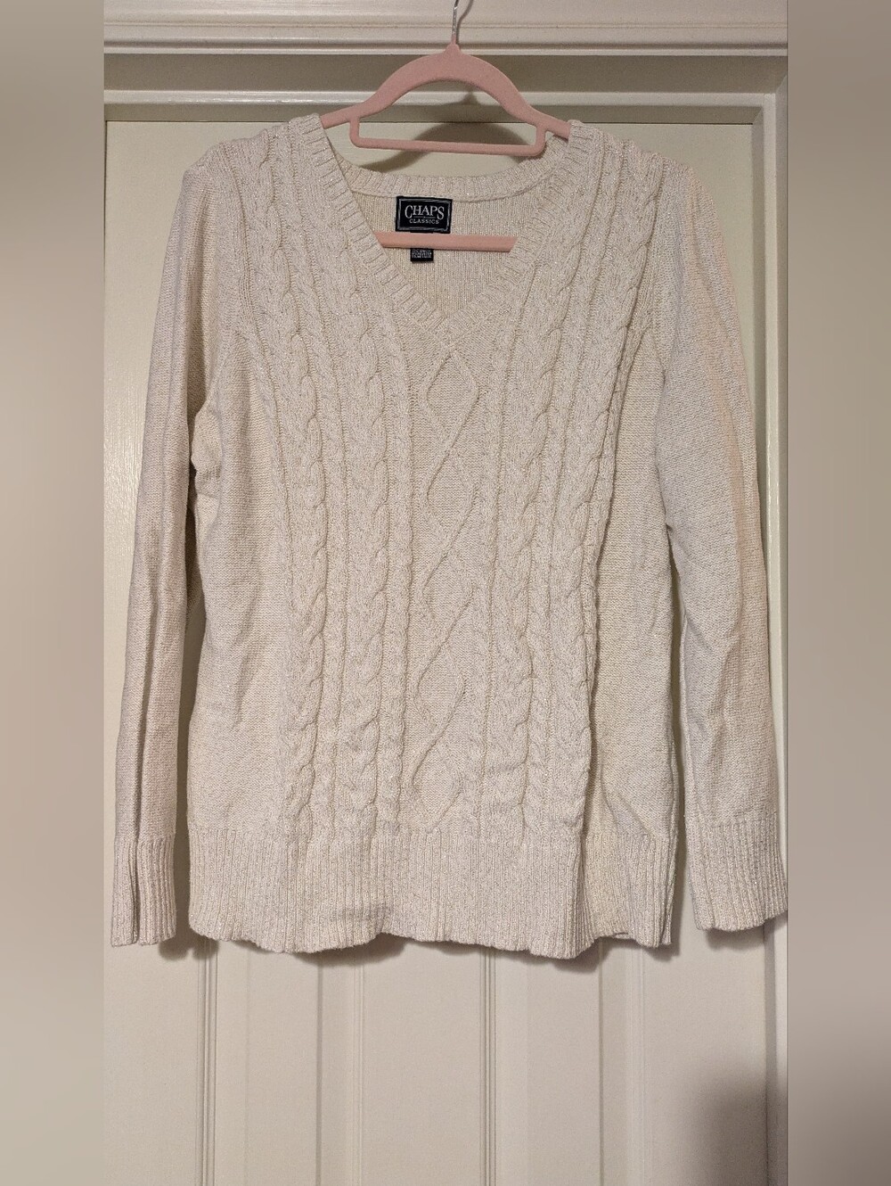 Chaps Women's Cable-Knit V-Neck Sweater in Cream And Sparkles